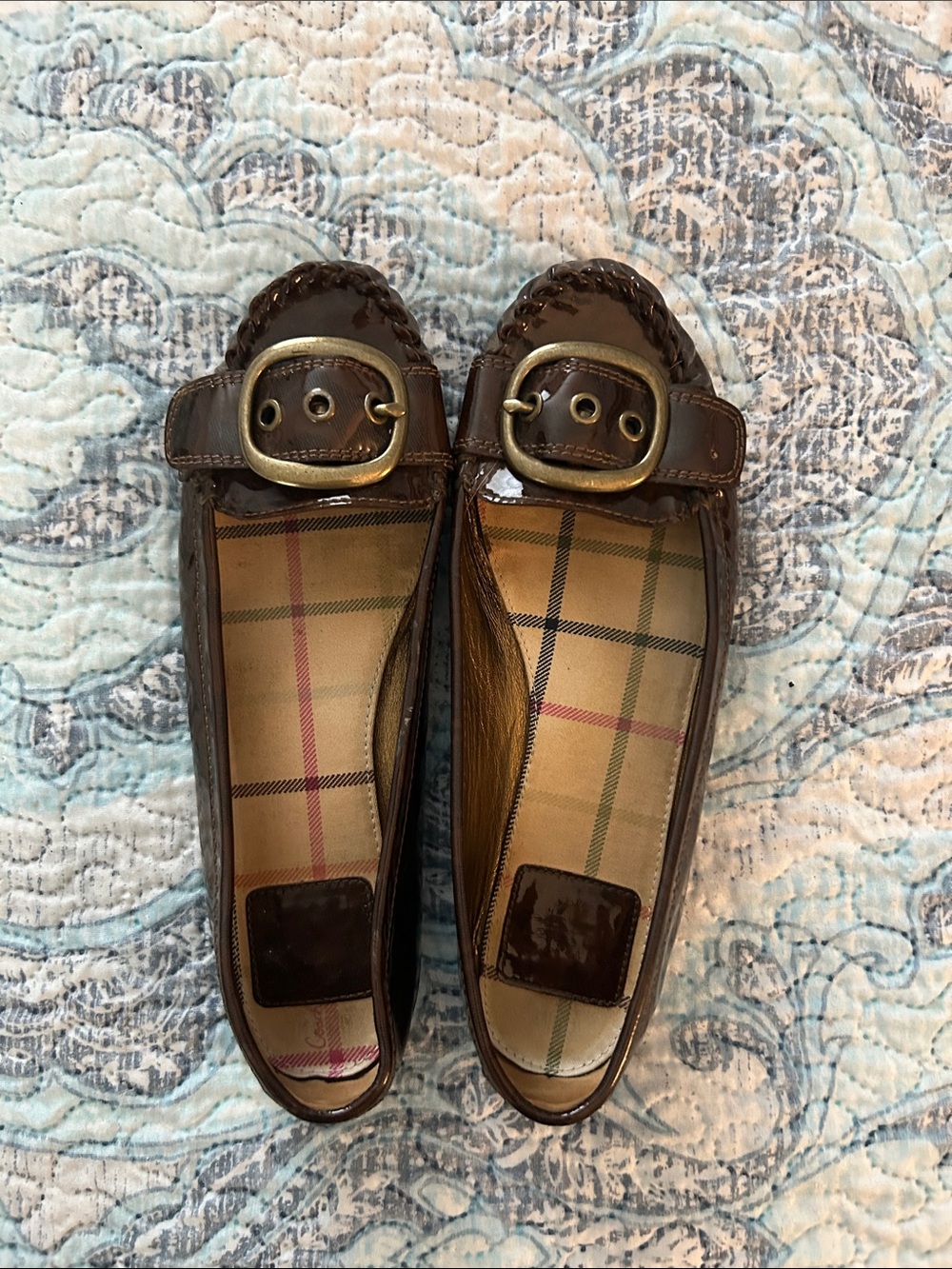 Coach Brown Leather Buckle Flats with Plaid Lining